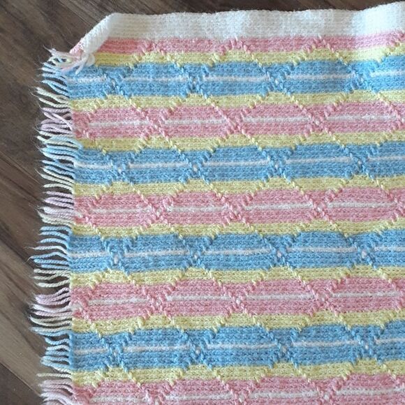 Beautiful pink, blue, yellow, and white 36" X 32" fringed blanket - Picture 3 of 6